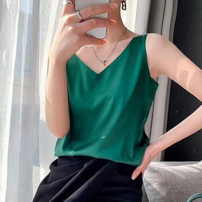 Effortless Satin Blouse for Women with V Neck Sleeveless Relaxed Flowing Tank Style