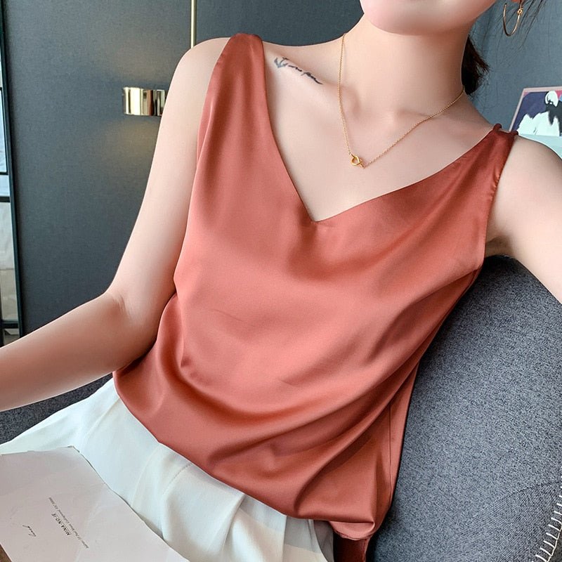 Effortless Satin Blouse for Women with V Neck Sleeveless Relaxed Flowing Tank Style