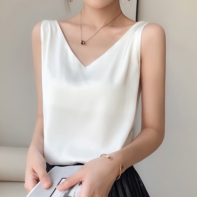 Effortless Satin Blouse for Women with V Neck Sleeveless Relaxed Flowing Tank Style