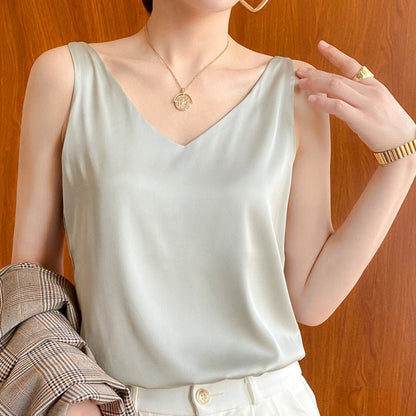 Effortless Satin Blouse for Women with V Neck Sleeveless Relaxed Flowing Tank Style