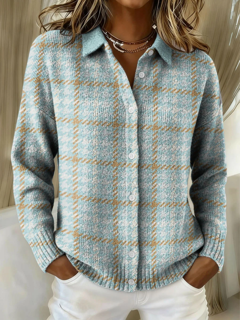 Elegant Blue Houndstooth Plaid Cardigan Sweater for Women with Collar Long Sleeve Button Front Relaxed Style