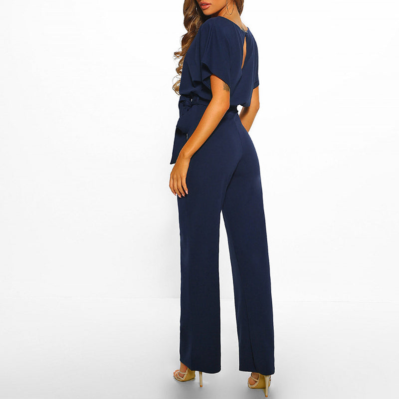 Elegant Wide Leg Jumpsuit for Women with Boat Neck Batwing Sleeve Tie Waist Relaxed Style
