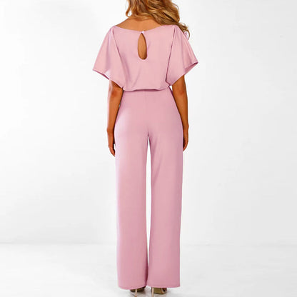 Elegant Wide Leg Jumpsuit for Women with Boat Neck Batwing Sleeve Tie Waist Relaxed Style