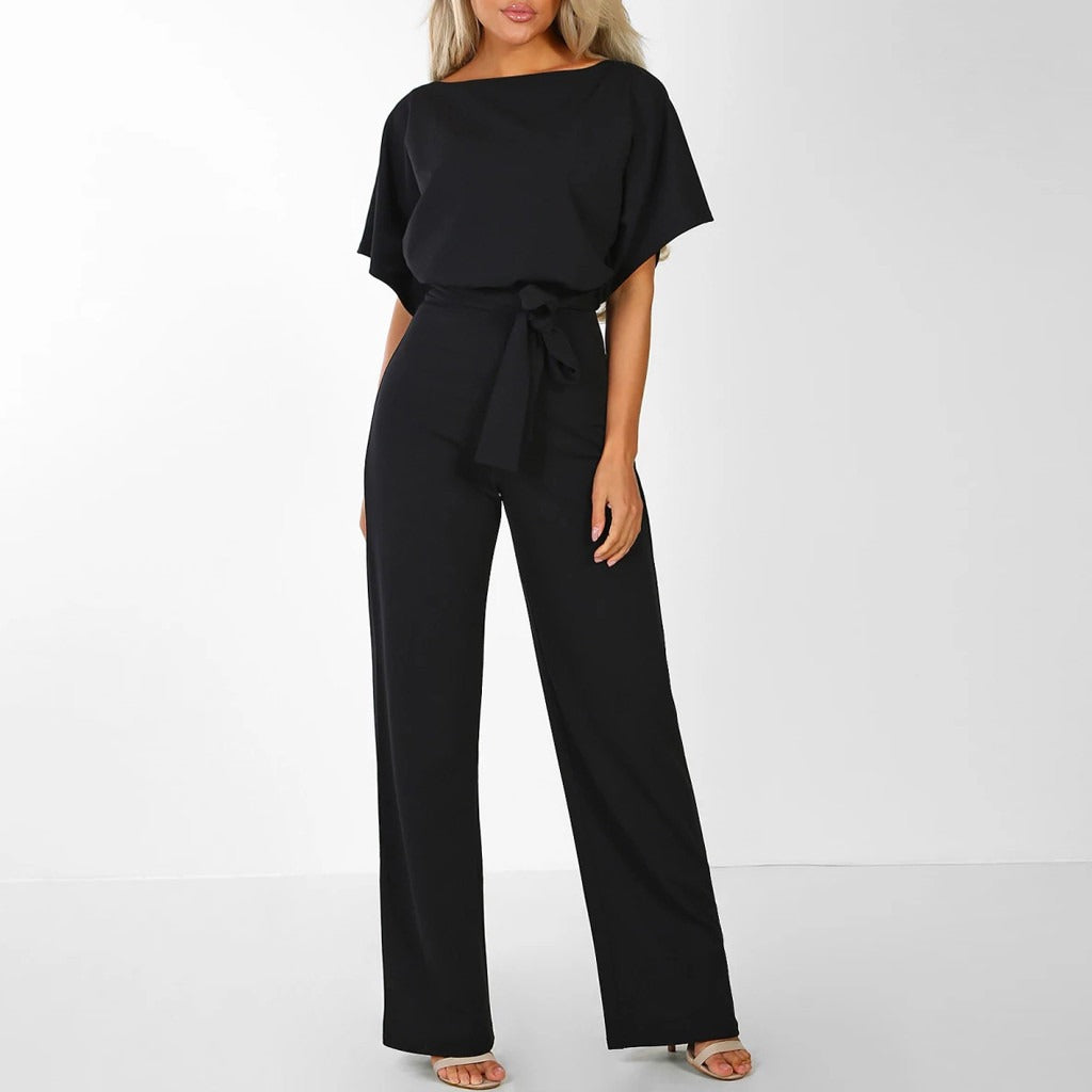 Elegant Wide Leg Jumpsuit for Women with Boat Neck Batwing Sleeve Tie Waist Relaxed Style