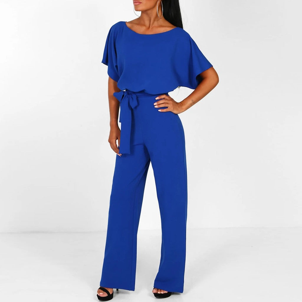 Elegant Wide Leg Jumpsuit for Women with Boat Neck Batwing Sleeve Tie Waist Relaxed Style