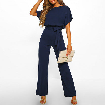 Elegant Wide Leg Jumpsuit for Women with Boat Neck Batwing Sleeve Tie Waist Relaxed Style