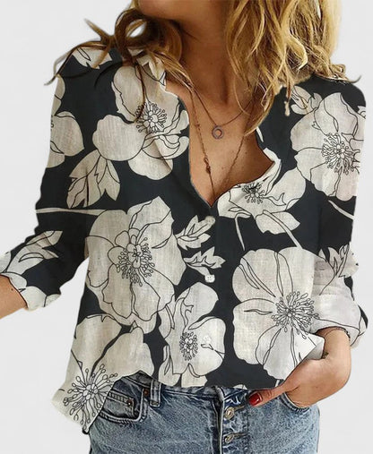 Effortless Linen Blouse for Women with V Neck Long Sleeve Button Front Relaxed Style
