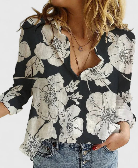 Effortless Linen Blouse for Women with V Neck Long Sleeve Button Front Relaxed Style