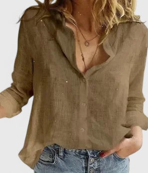 Effortless Linen Blouse for Women with V Neck Long Sleeve Button Front Relaxed Style