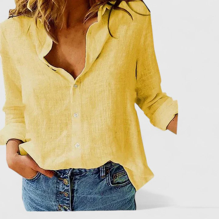 Effortless Linen Blouse for Women with V Neck Long Sleeve Button Front Relaxed Style