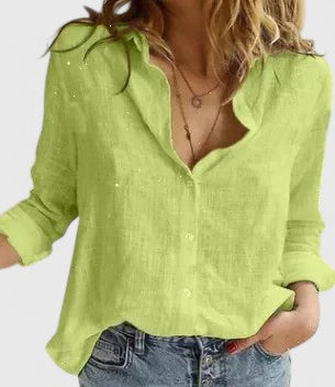 Effortless Linen Blouse for Women with V Neck Long Sleeve Button Front Relaxed Style