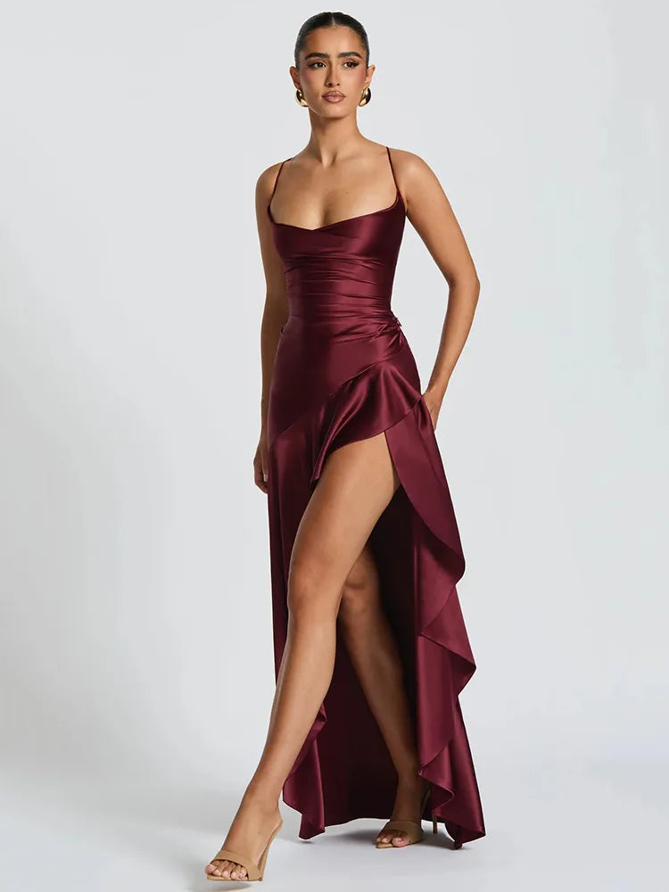 Elegant Satin Maxi Dress for Women with Cowl Neck Spaghetti Strap High Slit Ruffle Formal Wedding Guest Style