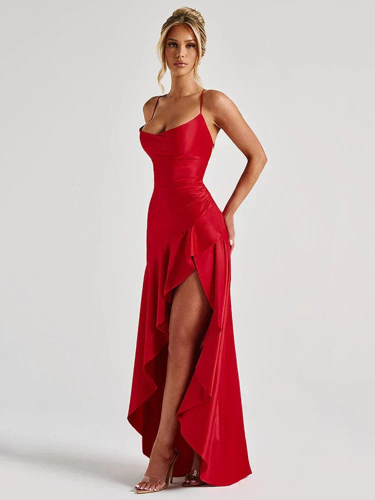 Elegant Satin Maxi Dress for Women with Cowl Neck Spaghetti Strap High Slit Ruffle Formal Wedding Guest Style