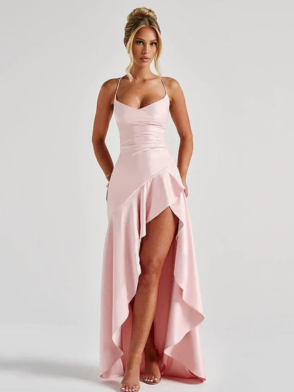 Elegant Satin Maxi Dress for Women with Cowl Neck Spaghetti Strap High Slit Ruffle Formal Wedding Guest Style