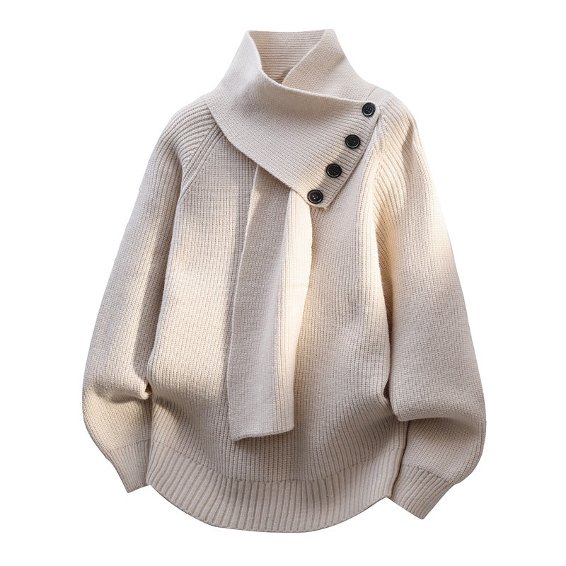 Comfortable Ribbed Sweater for Women with Asymmetric Collar Long Sleeve Button Front Oversized Knit Style