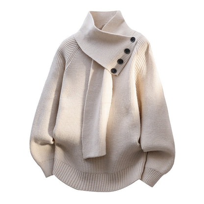 Comfortable Ribbed Sweater for Women with Asymmetric Collar Long Sleeve Button Front Oversized Knit Style