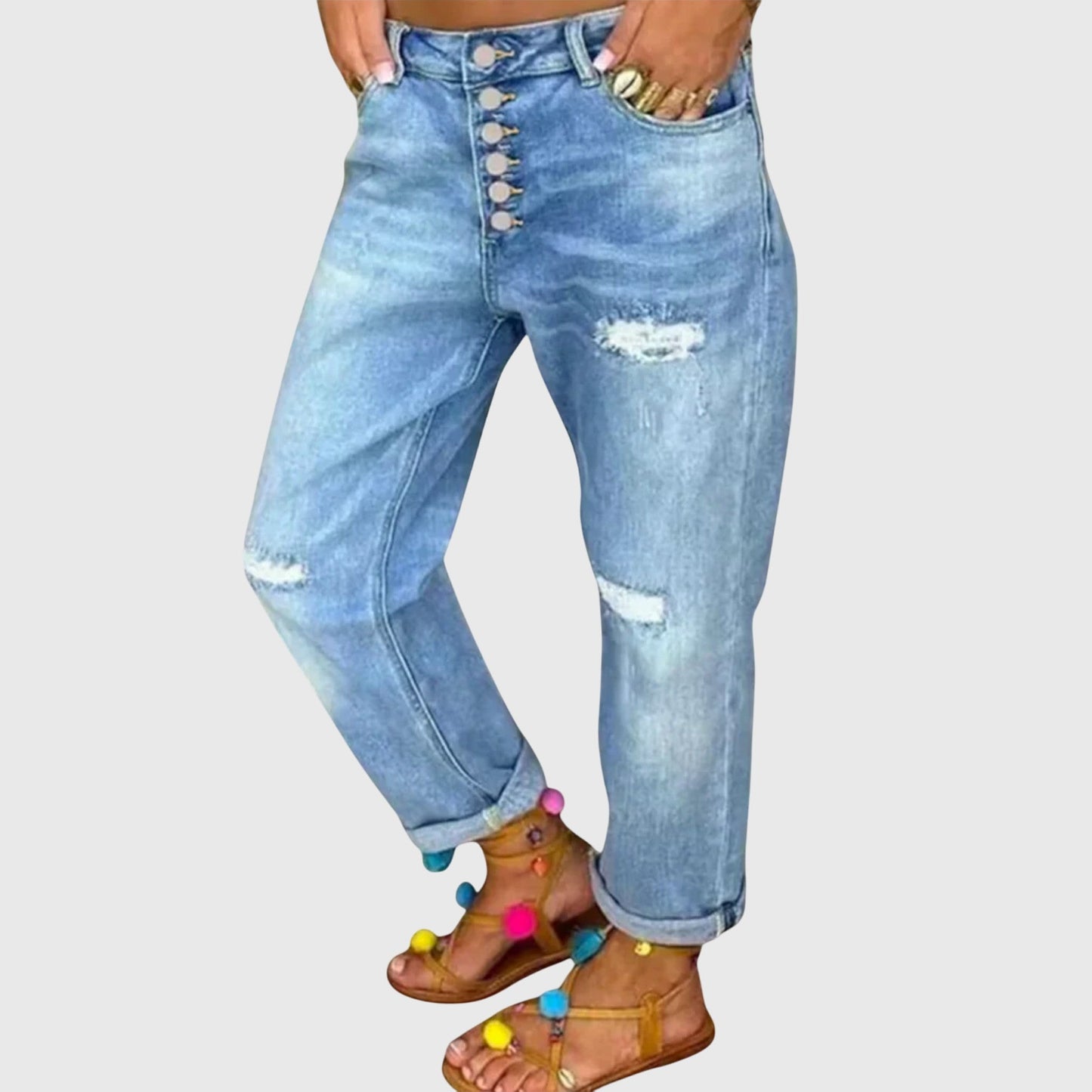 Effortless Blue Ripped Boyfriend Jeans for Women with High Waist Button Fly Cuffed Relaxed Style