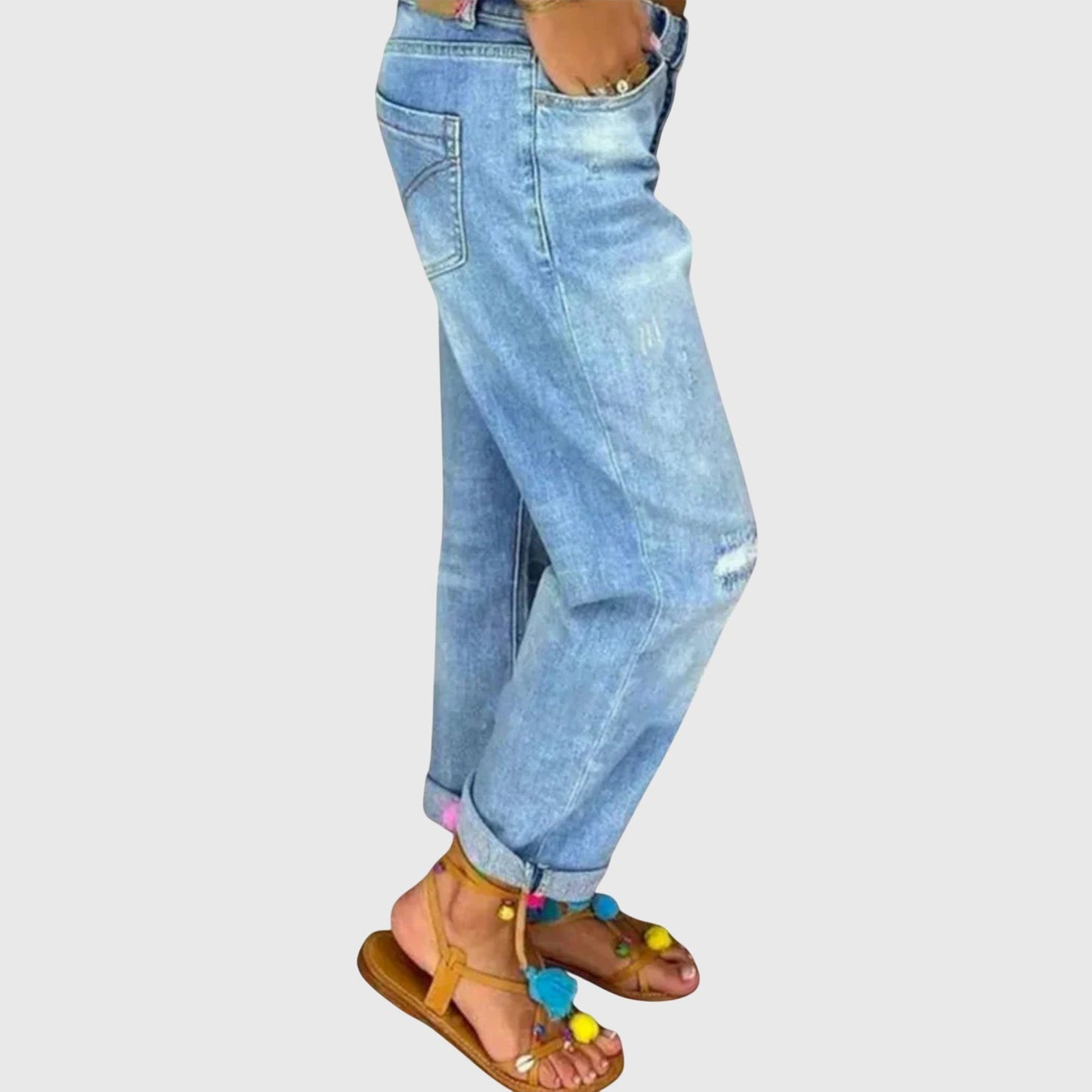 Effortless Blue Ripped Boyfriend Jeans for Women with High Waist Button Fly Cuffed Relaxed Style