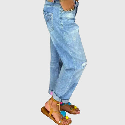 Effortless Blue Ripped Boyfriend Jeans for Women with High Waist Button Fly Cuffed Relaxed Style
