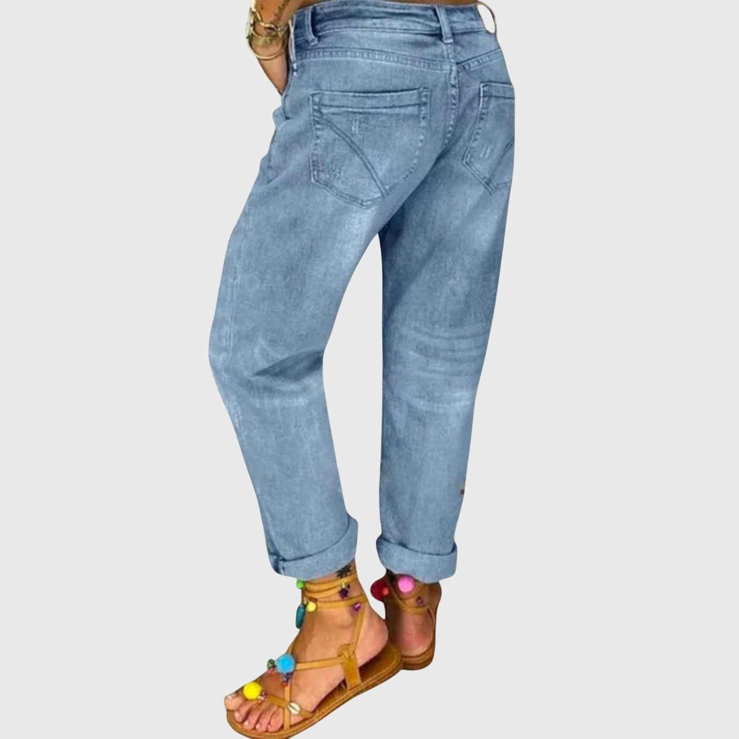 Effortless Blue Ripped Boyfriend Jeans for Women with High Waist Button Fly Cuffed Relaxed Style