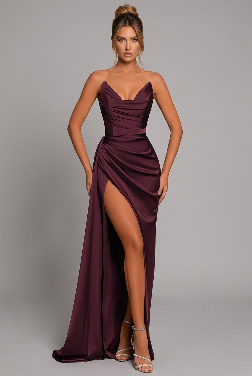 Elegant Satin Maxi Dress for Women with Cowl Neck Strapless Ruched High Slit Formal Style