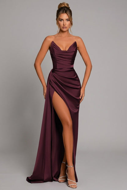 Elegant Satin Maxi Dress for Women with Cowl Neck Strapless Ruched High Slit Formal Style