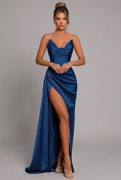 Elegant Satin Maxi Dress for Women with Cowl Neck Strapless Ruched High Slit Formal Style