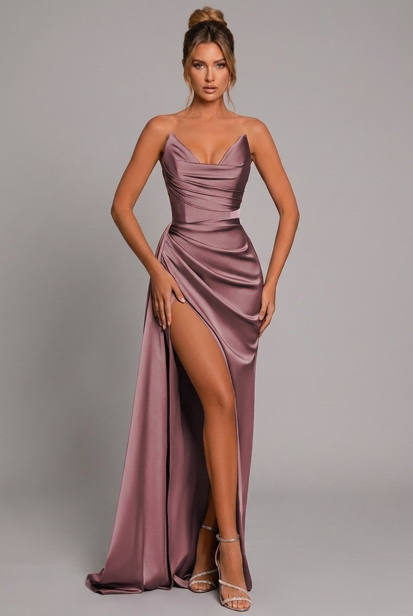 Elegant Satin Maxi Dress for Women with Cowl Neck Strapless Ruched High Slit Formal Style