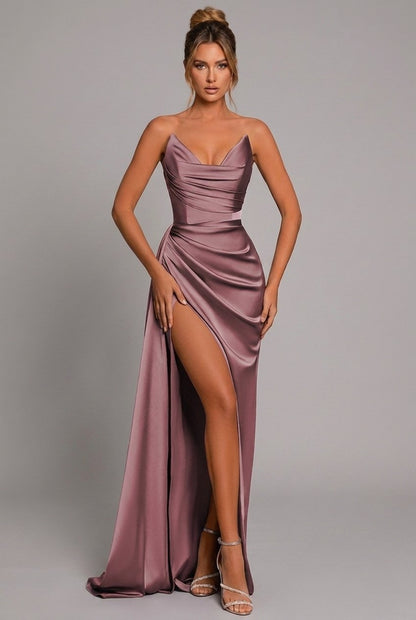 Elegant Satin Maxi Dress for Women with Cowl Neck Strapless Ruched High Slit Formal Style
