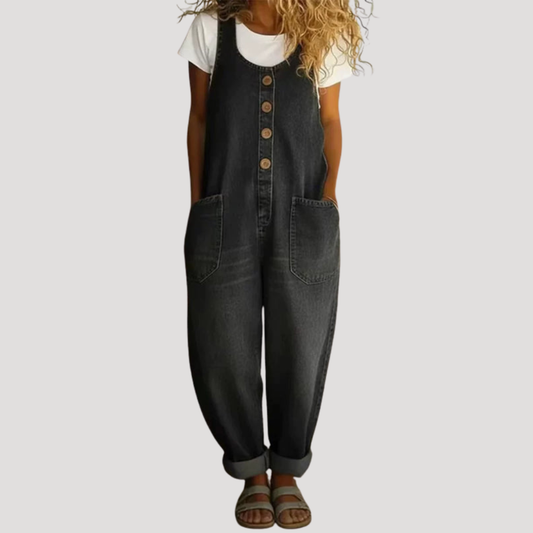 Effortless Denim Overalls for Women with Scoop Neck Sleeveless Button Front Wide Leg Relaxed Style