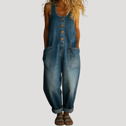 Effortless Denim Overalls for Women with Scoop Neck Sleeveless Button Front Wide Leg Relaxed Style
