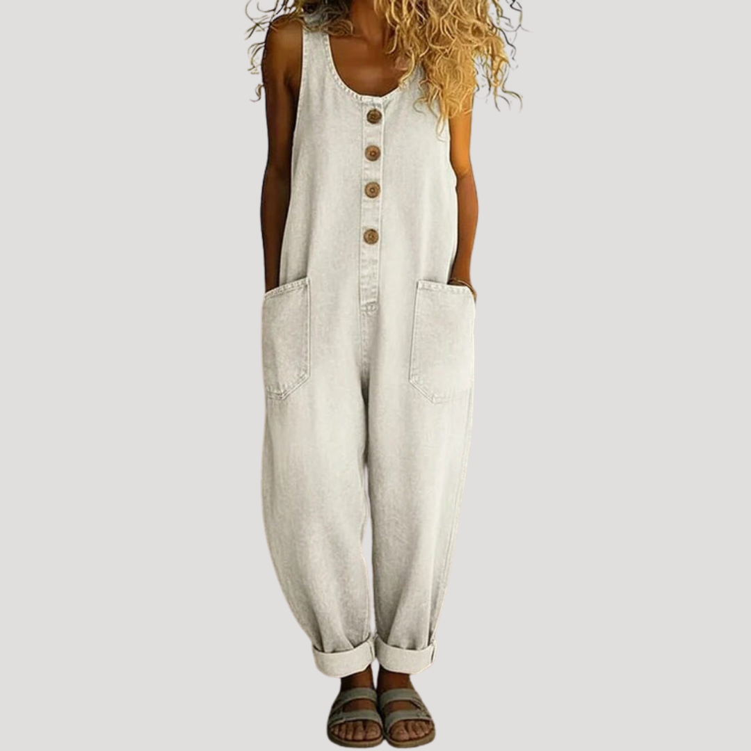 Effortless Denim Overalls for Women with Scoop Neck Sleeveless Button Front Wide Leg Relaxed Style