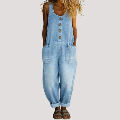Effortless Denim Overalls for Women with Scoop Neck Sleeveless Button Front Wide Leg Relaxed Style