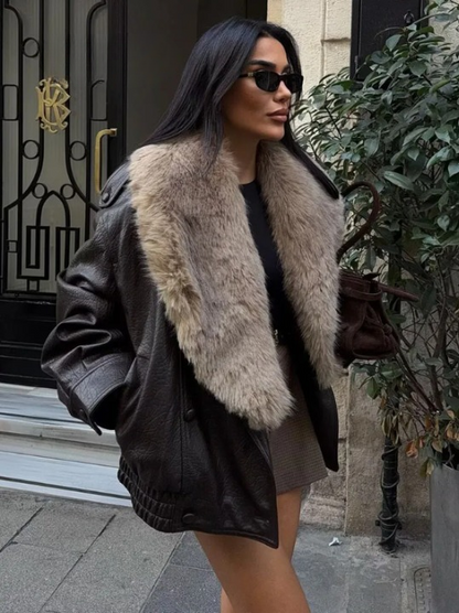 Elegant Faux Fur Collar Leather Jacket for Women with Long Sleeve Oversized Snap Button Bomber Style