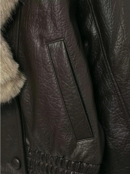 Elegant Faux Fur Collar Leather Jacket for Women with Long Sleeve Oversized Snap Button Bomber Style