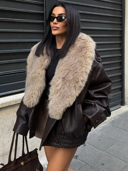 Elegant Faux Fur Collar Leather Jacket for Women with Long Sleeve Oversized Snap Button Bomber Style