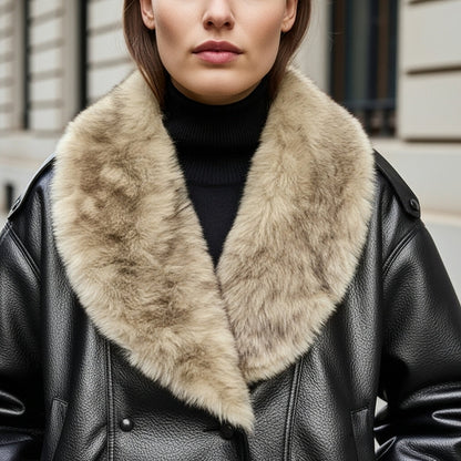Elegant Faux Fur Collar Leather Jacket for Women with Long Sleeve Oversized Snap Button Bomber Style