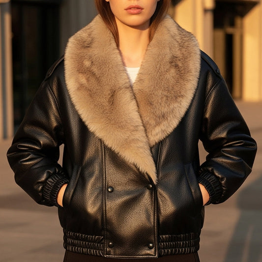 Elegant Faux Fur Collar Leather Jacket for Women with Long Sleeve Oversized Snap Button Bomber Style