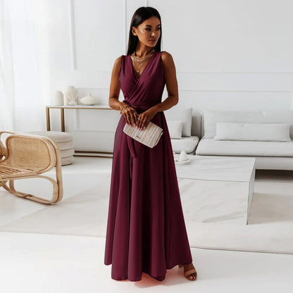 Elegant Wrap Maxi Dress for Women with V Neck Sleeveless Tie Waist Flowing Style