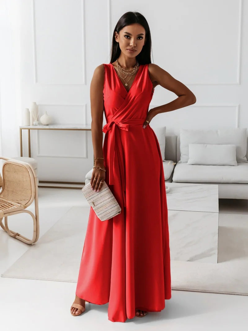 Elegant Wrap Maxi Dress for Women with V Neck Sleeveless Tie Waist Flowing Style