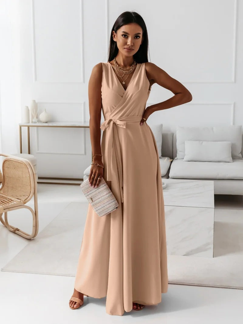 Elegant Wrap Maxi Dress for Women with V Neck Sleeveless Tie Waist Flowing Style