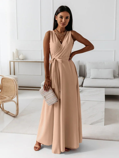 Elegant Wrap Maxi Dress for Women with V Neck Sleeveless Tie Waist Flowing Style