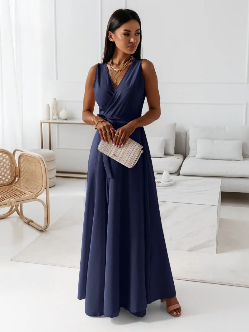 Elegant Wrap Maxi Dress for Women with V Neck Sleeveless Tie Waist Flowing Style