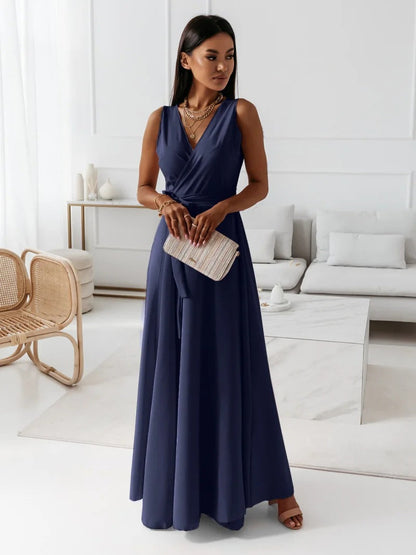 Elegant Wrap Maxi Dress for Women with V Neck Sleeveless Tie Waist Flowing Style