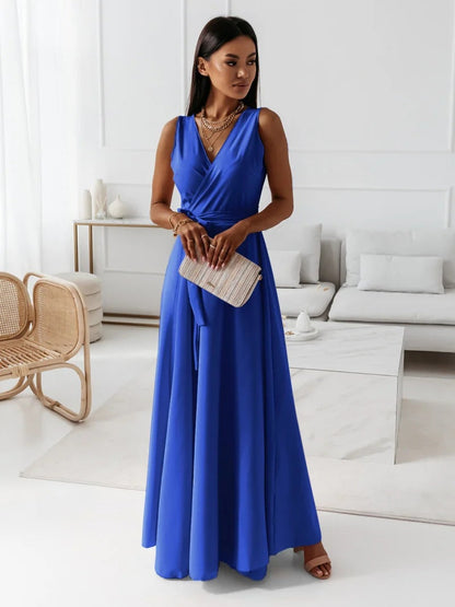Elegant Wrap Maxi Dress for Women with V Neck Sleeveless Tie Waist Flowing Style