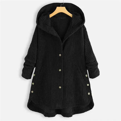 Comfortable Black Corduroy Hooded Coat for Women with Button Front Long Sleeve Oversized High Low Casual Style