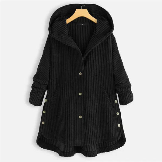Comfortable Black Corduroy Hooded Coat for Women with Button Front Long Sleeve Oversized High Low Casual Style