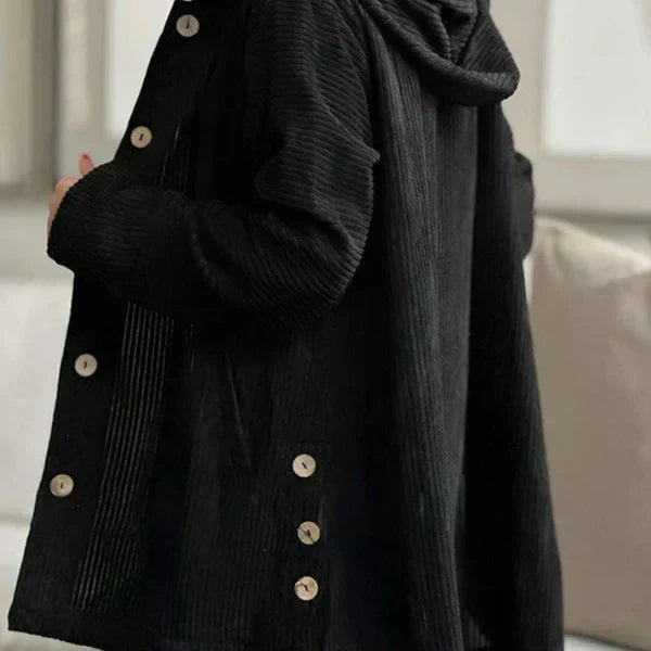 Comfortable Black Corduroy Hooded Coat for Women with Button Front Long Sleeve Oversized High Low Casual Style