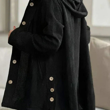 Comfortable Black Corduroy Hooded Coat for Women with Button Front Long Sleeve Oversized High Low Casual Style
