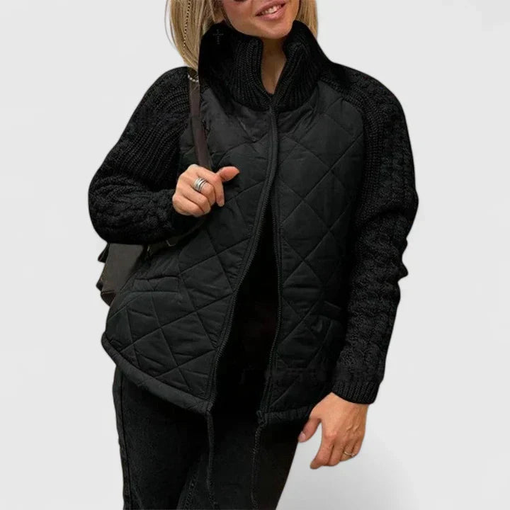 Effortless Quilted Jacket for Women with High Neck Long Sleeve Cable Knit Zip Front Style